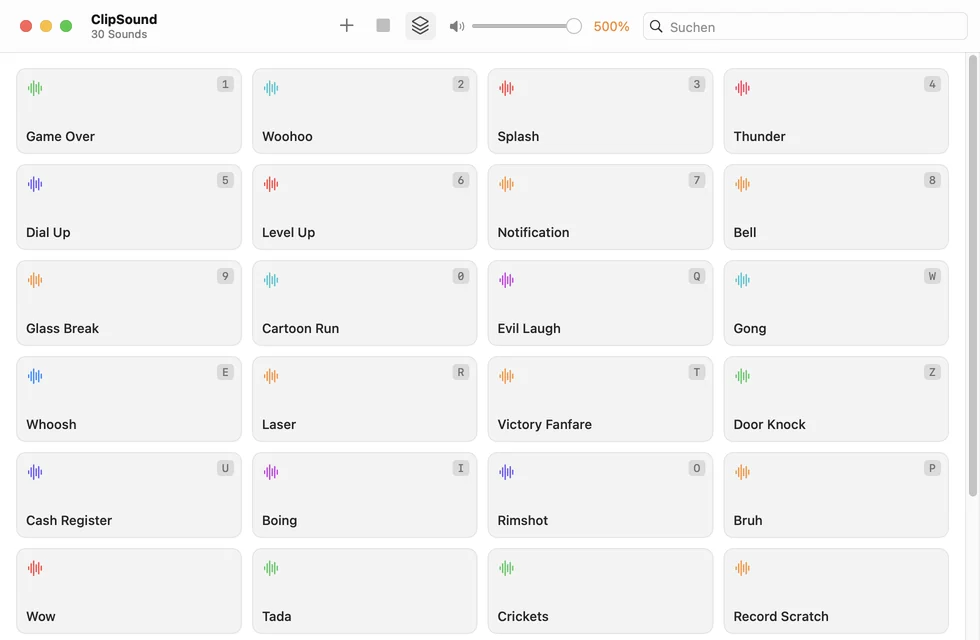 ClipSound on the Mac: 30 sounds as tiles, each with its own key, volume at 500 %