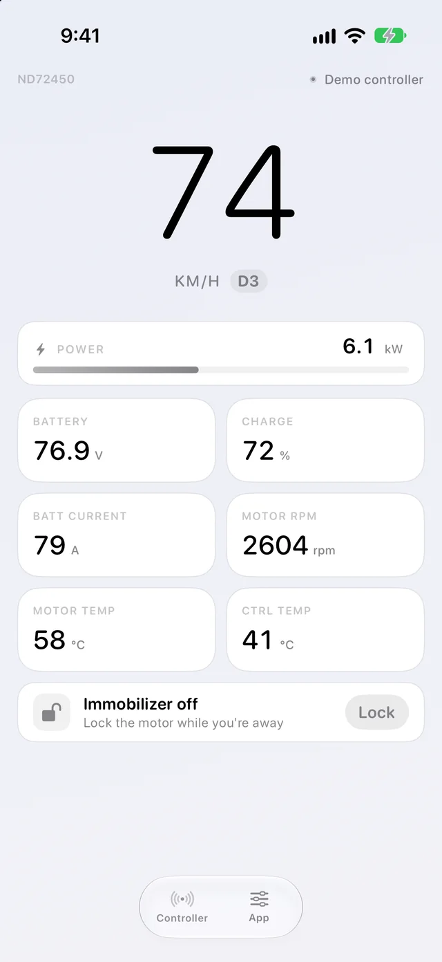 Fardriver app on the iPhone: 72 km/h, power, battery, current, RPM, temperatures and immobilizer